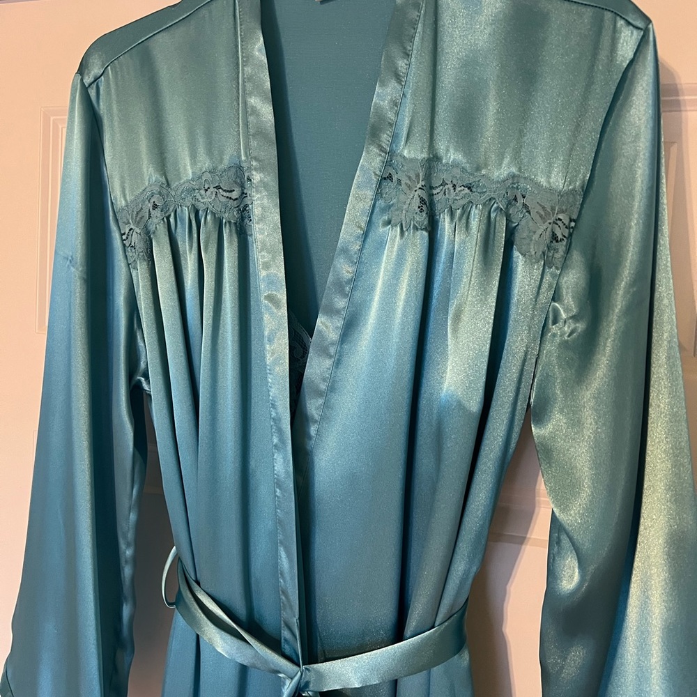 Sensara Lingerie Gown + Robe Set Blue W/Lace  Women's Size M Medium Vintage